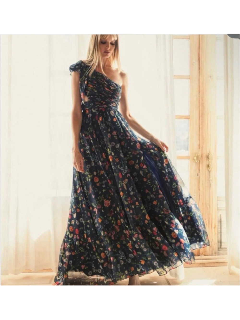 Women's Mac Duggal One Shoulder Floral Maxi Dress Navy Multicolor Sz4 - Picture 4 of 9